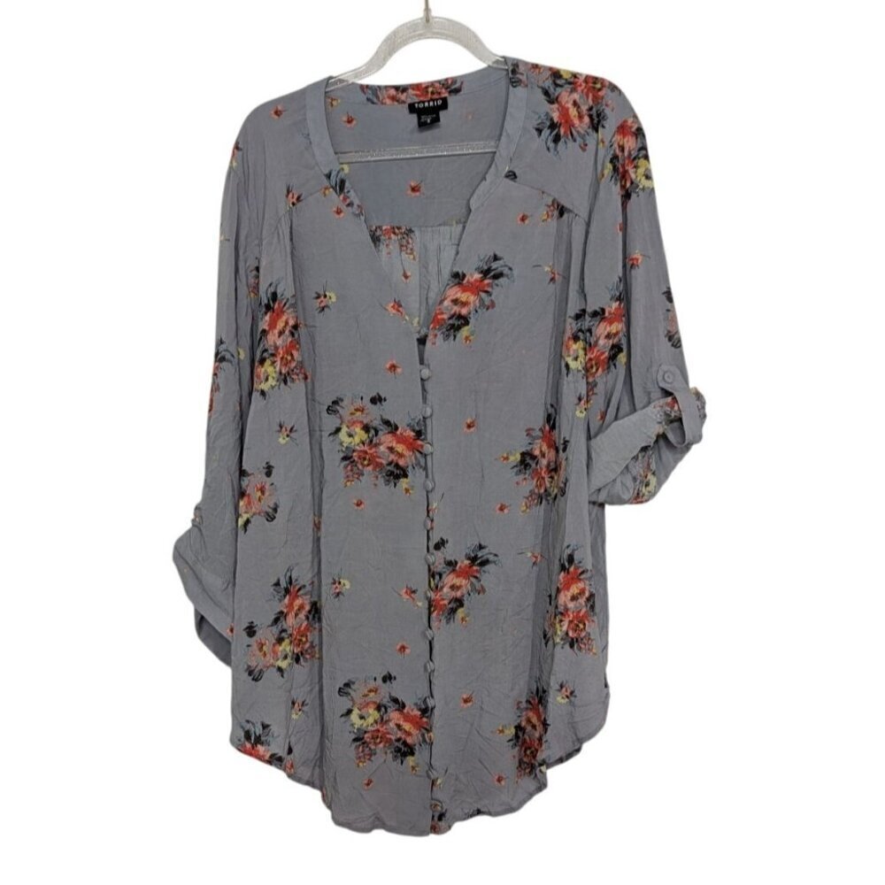 Torrid Floral Challis Harper Shirt Womens Size 2X Gray Button Front